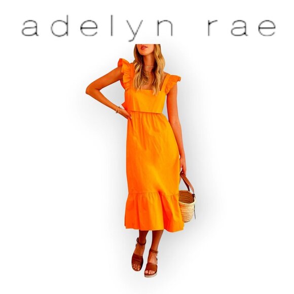 Adelyn Rae orange Soshani Poplin Flutter Sleeve Squareneck Midi Dress size L EUC - Picture 1 of 10